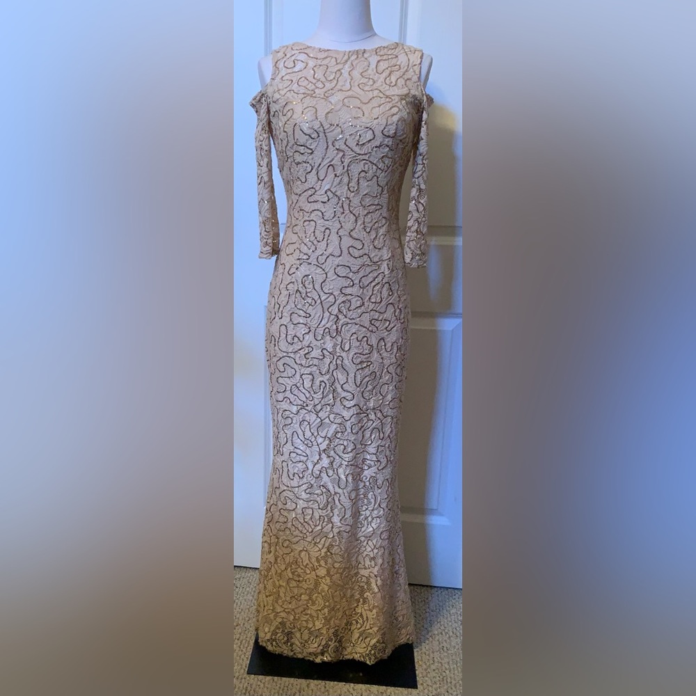 Gold Sequin Gown 4 V-Back Cold Shoulder 3/4Sleeve Champagne Crochet  Formal